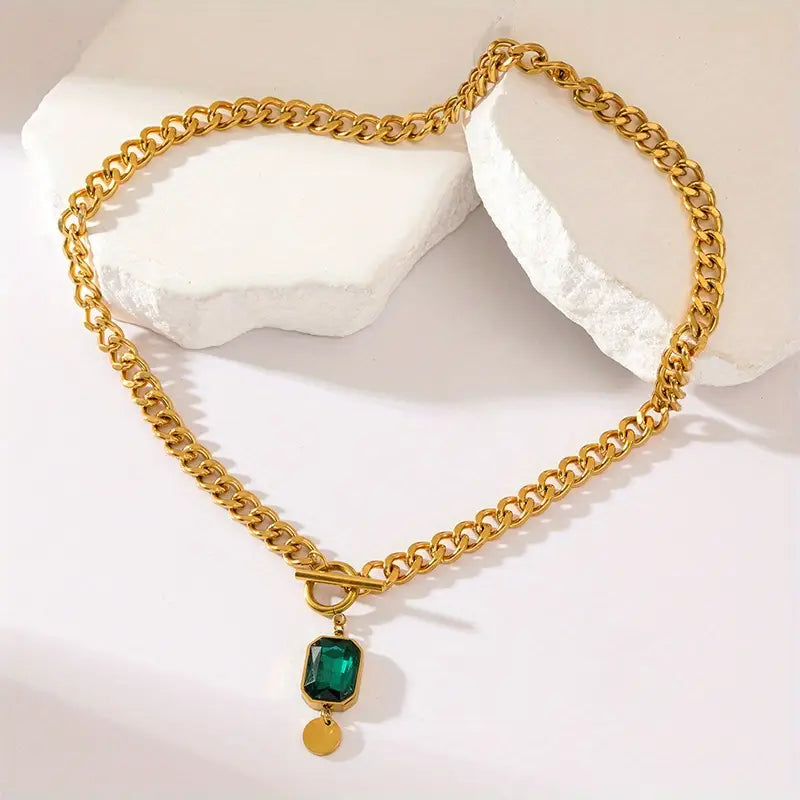 14K Gold Chunky Chain Emerald Pendant Necklace