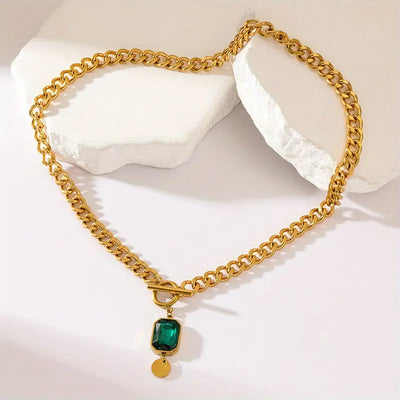 14K Gold Chunky Chain Emerald Pendant Necklace