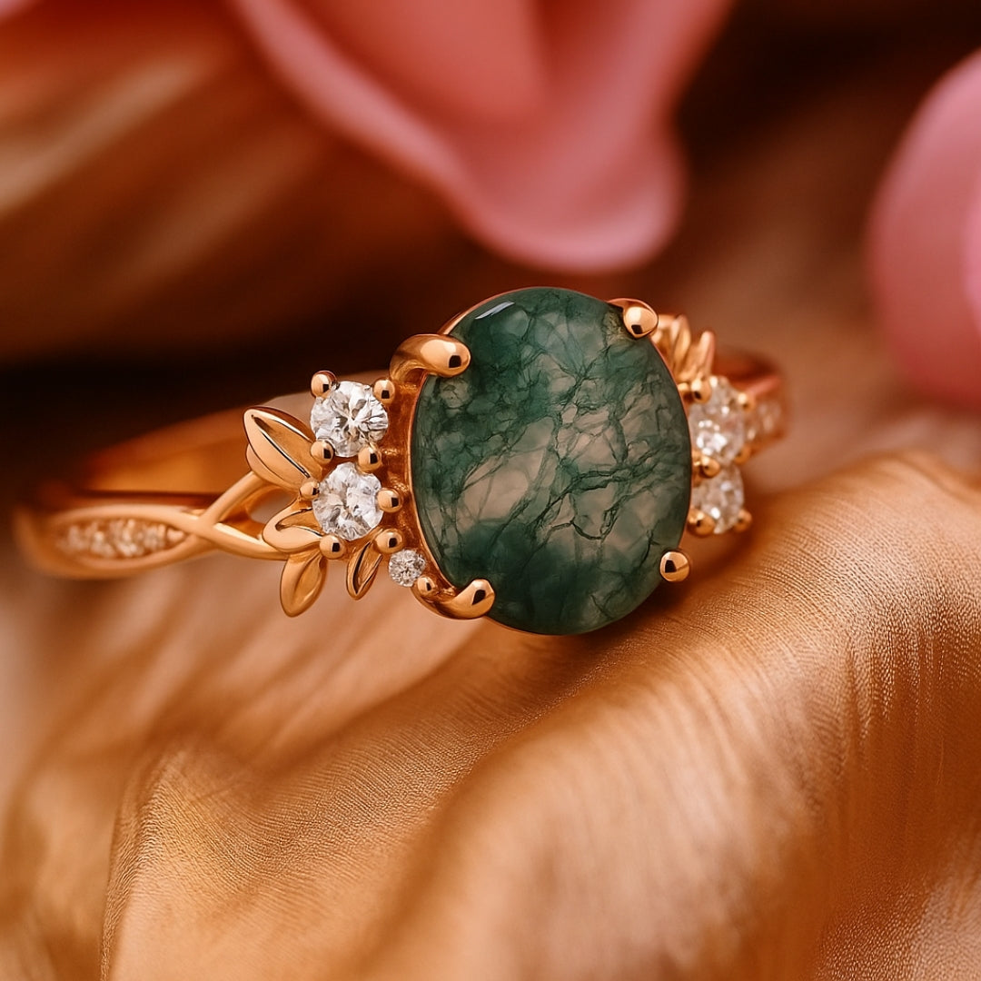 Rounded Zirconia Green Moss Agate Ring