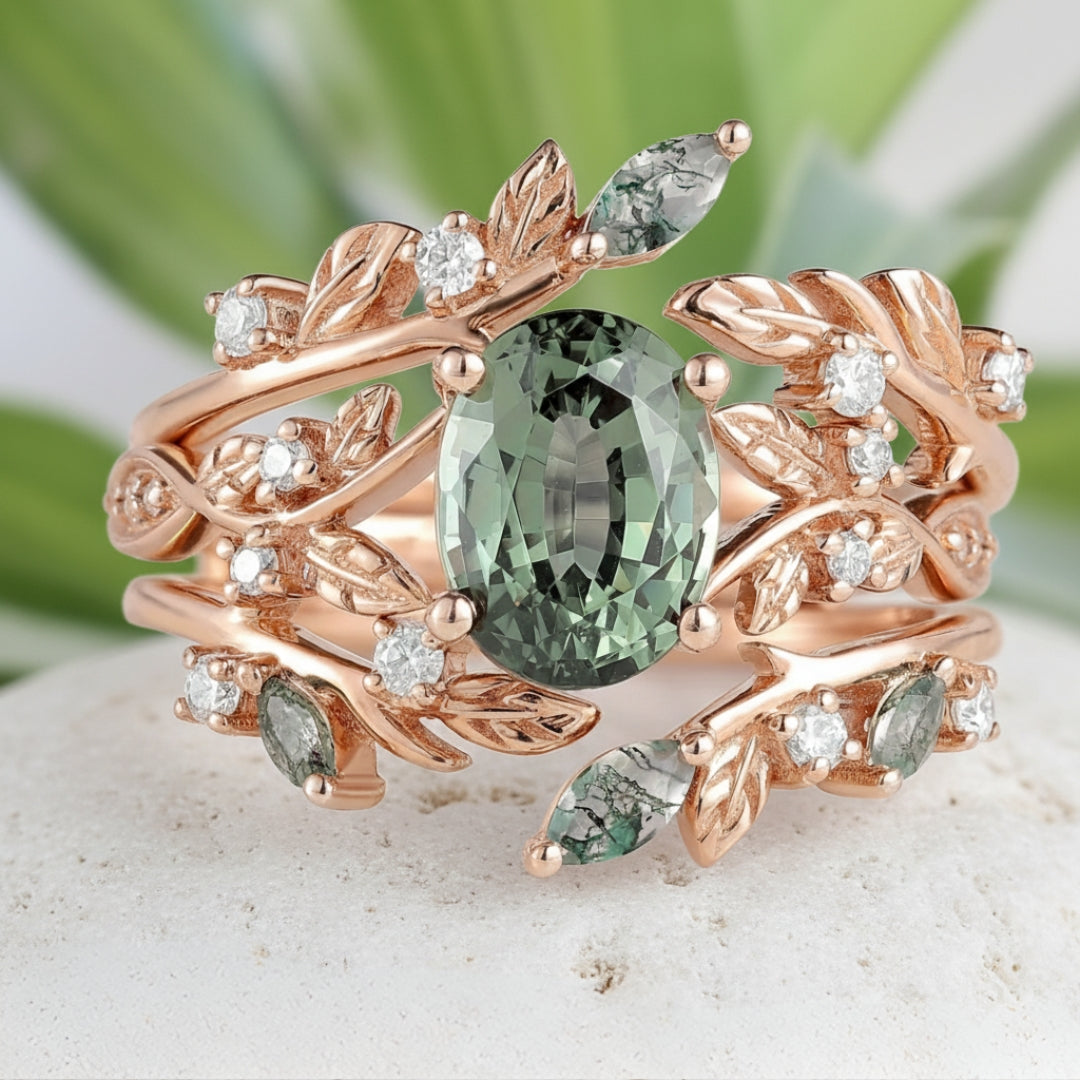 Green Moss Agate Crystal Floral Ring