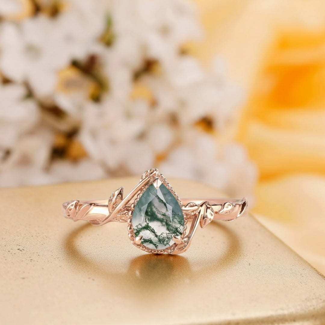 Green Moss Agate Drop Floral Gold Ring