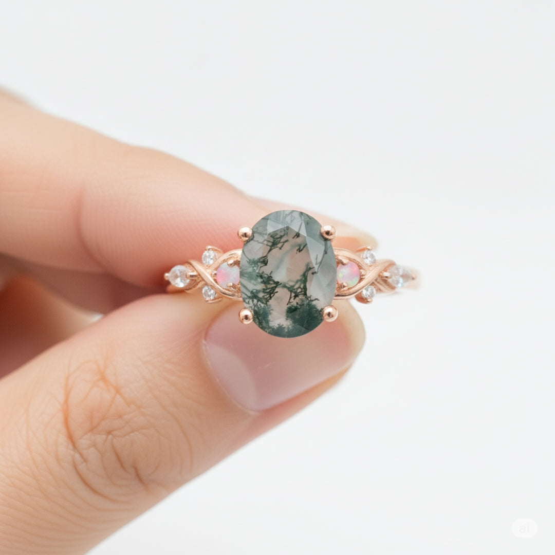 Rounded Green Moss Agate Opal Ring