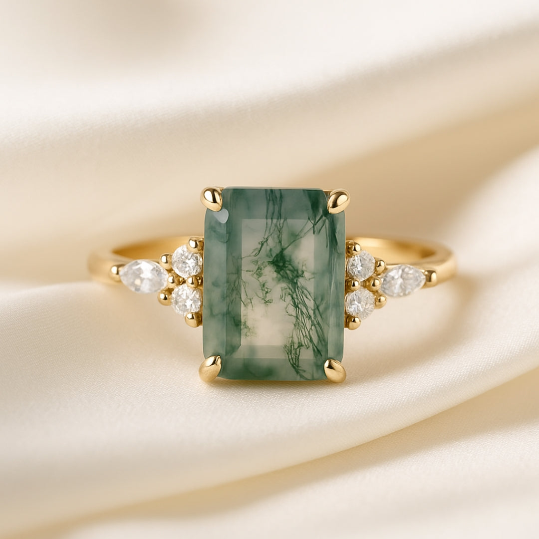 Green Moss Agate Cubic Gold Ring