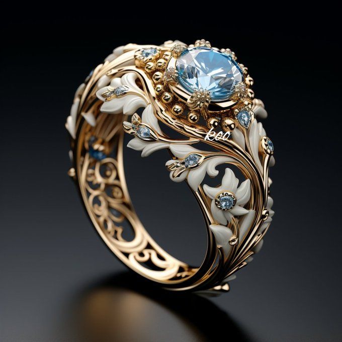 Exotic Blue White Enamel Gold Ring
