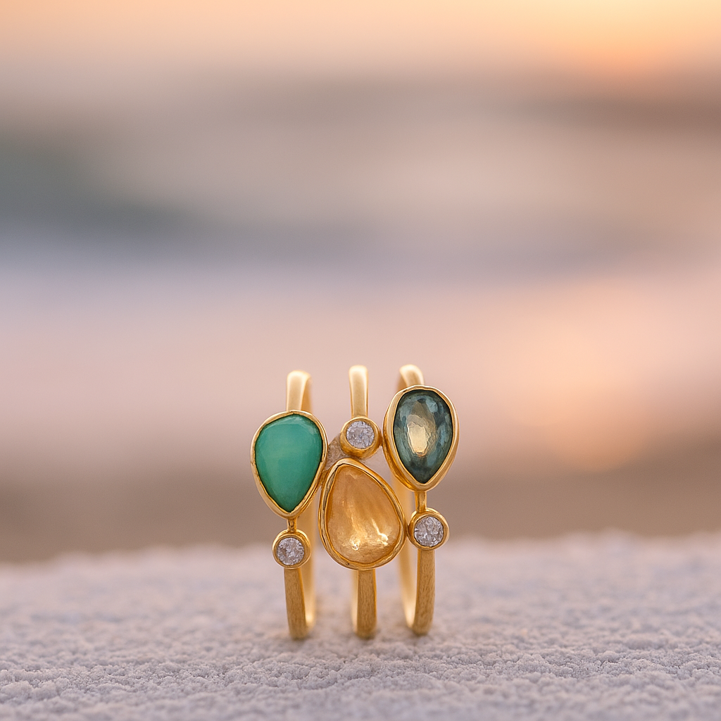 Tris di Onde Gold Brass Ring with Colored Zirconia