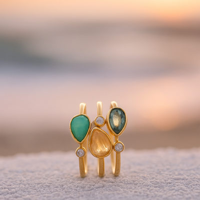 Tris di Onde Gold Brass Ring with Colored Zirconia