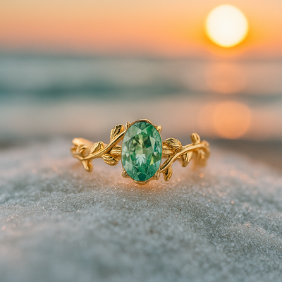 Elegant Emerald Wind Golden Ring with Green Agate and Leaf Motif