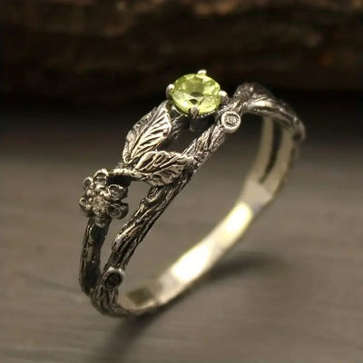 Natural Peridot Oak Leaf Silver Ring