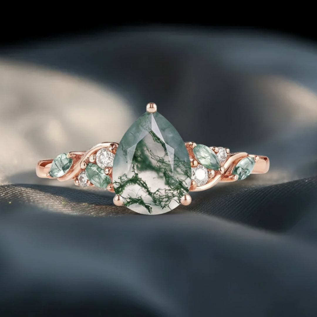 Green Moss Agate Drop Rose Ring