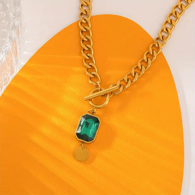 14K Gold Chunky Chain Emerald Pendant Necklace