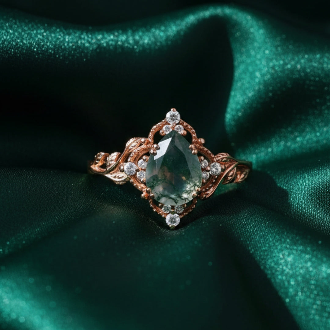 Elegant Green Moss Agate Rose Ring