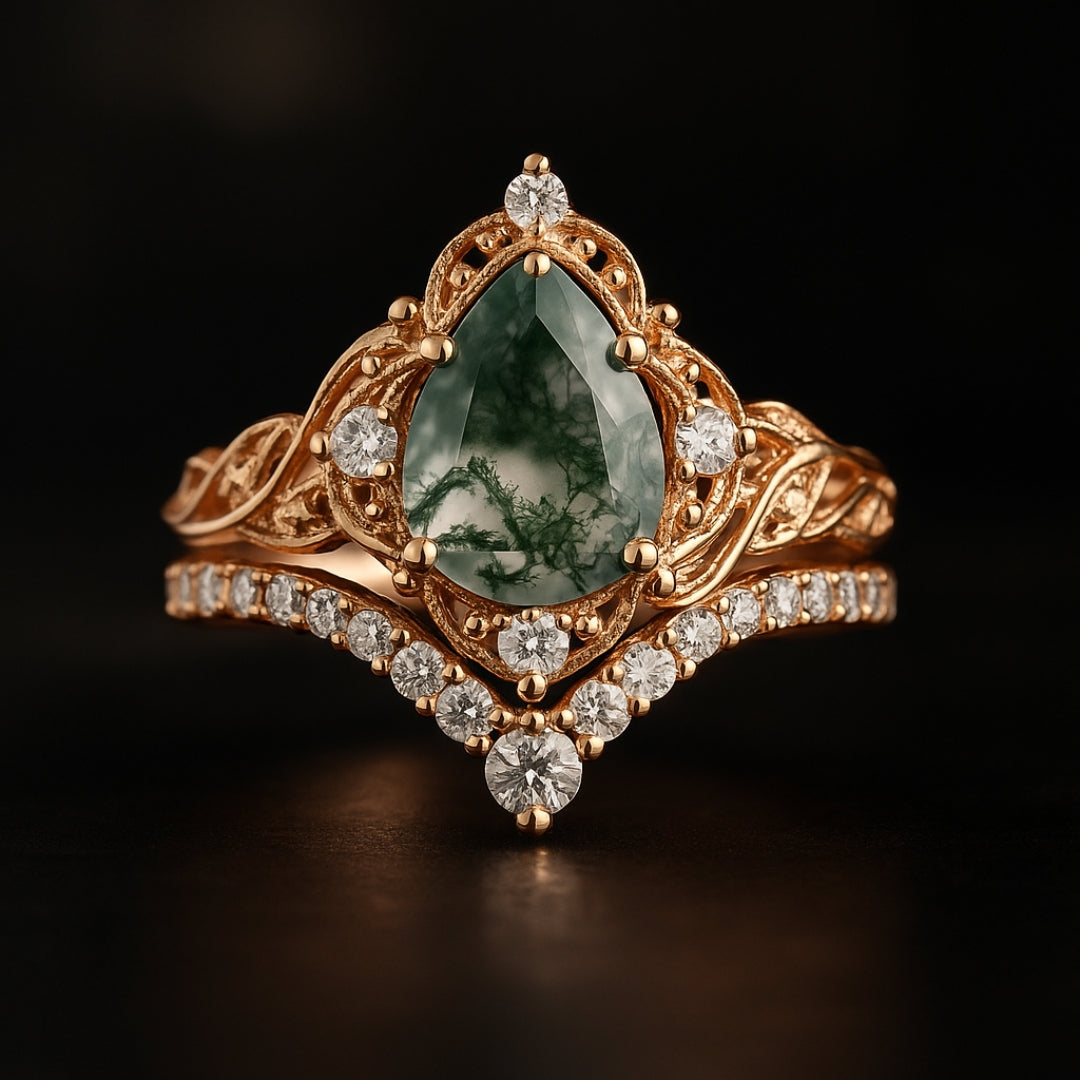 Elegant Green Moss Agate Crown Gold Ring