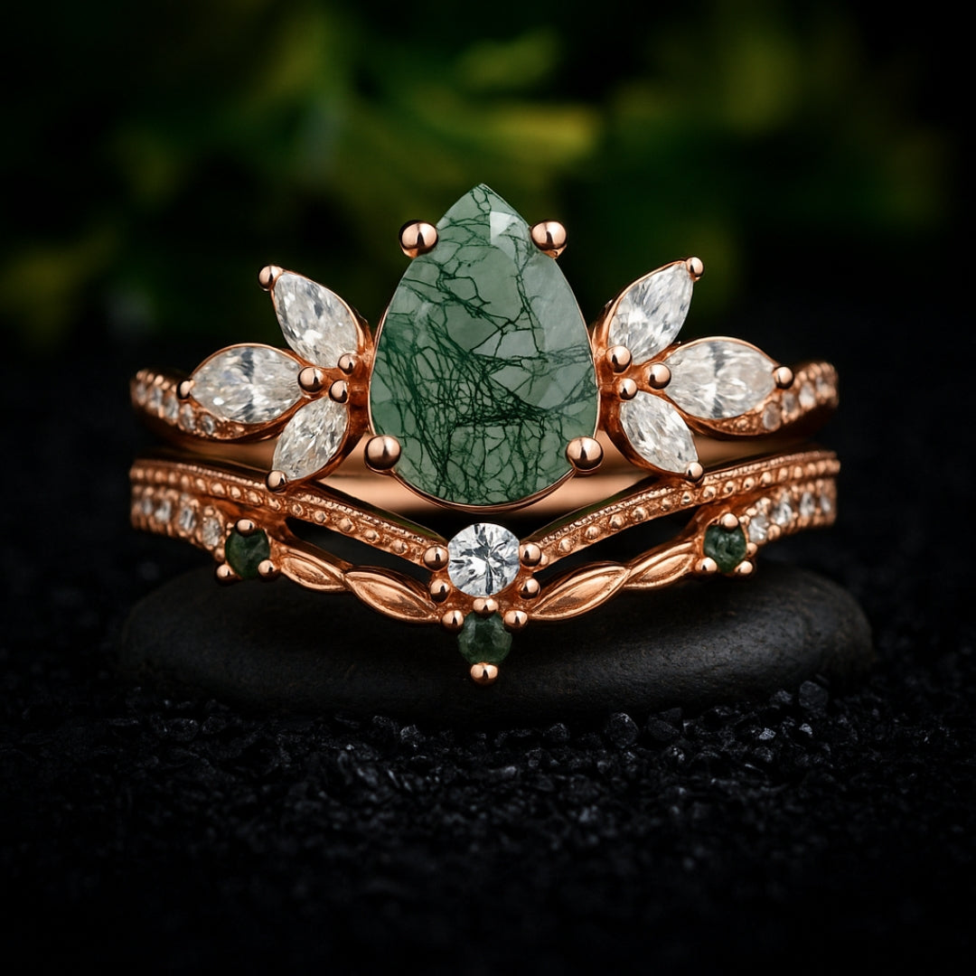 Green Moss Agate Crown Gold Zirconia Ring