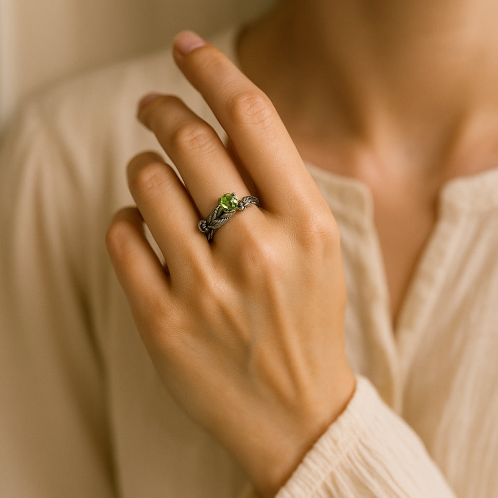 Natural Peridot Oak Leaf Silver Ring