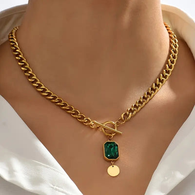 14K Gold Chunky Chain Emerald Pendant Necklace