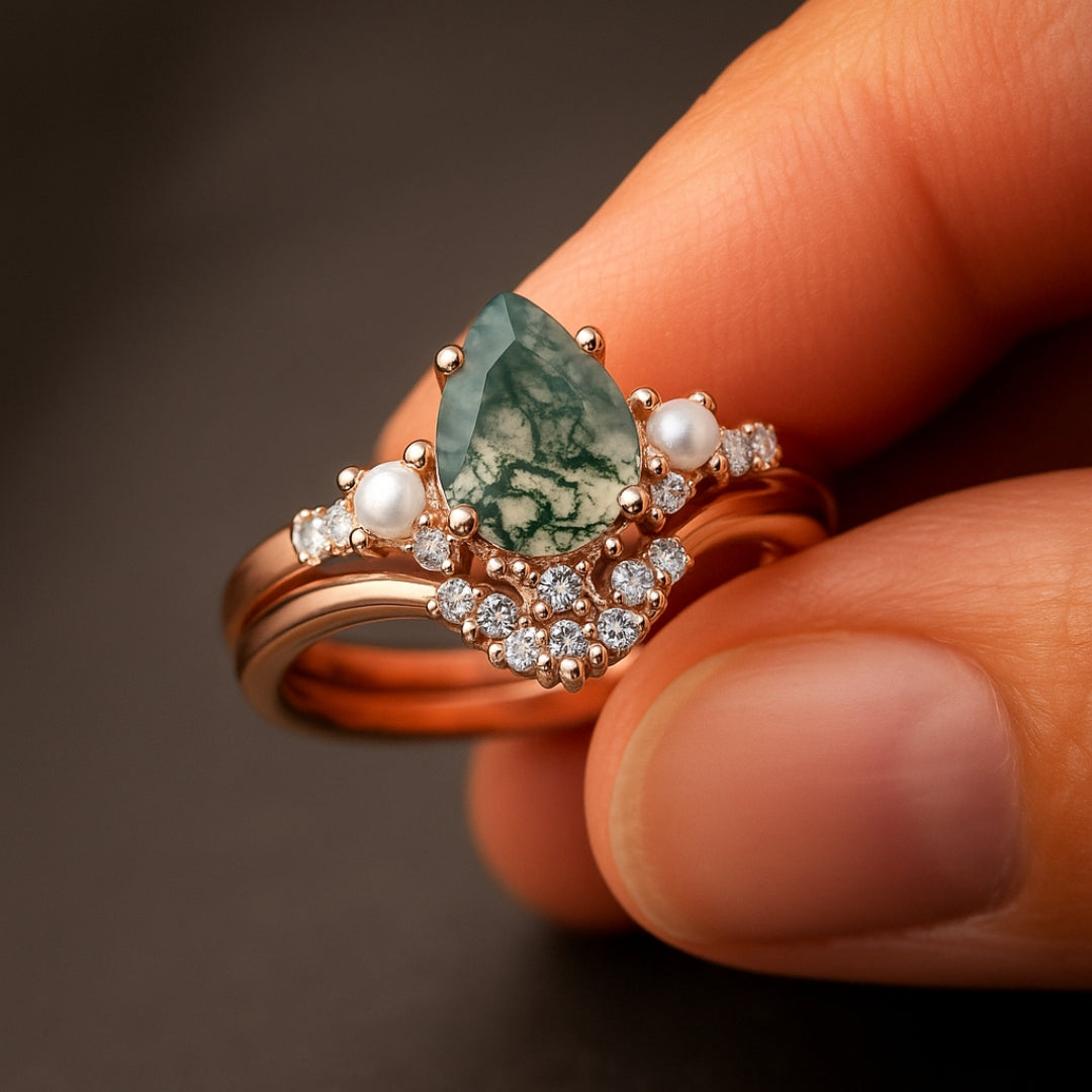 Green Moss Agate Drop Pearl Zirconia Ring