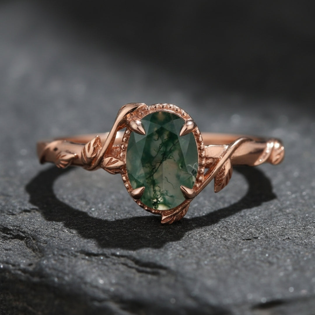 Rounded Green Moss Agate Rose Ring
