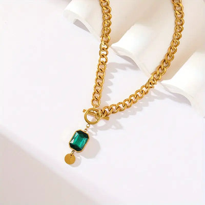 14K Gold Chunky Chain Emerald Pendant Necklace