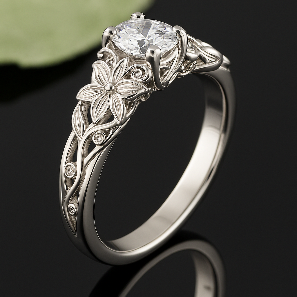 White Crystal Silvered Floral Ring