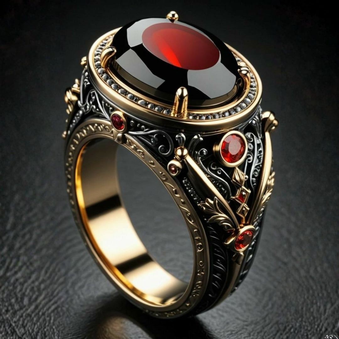 Exotic Red Zirconia Dark Silver Ring