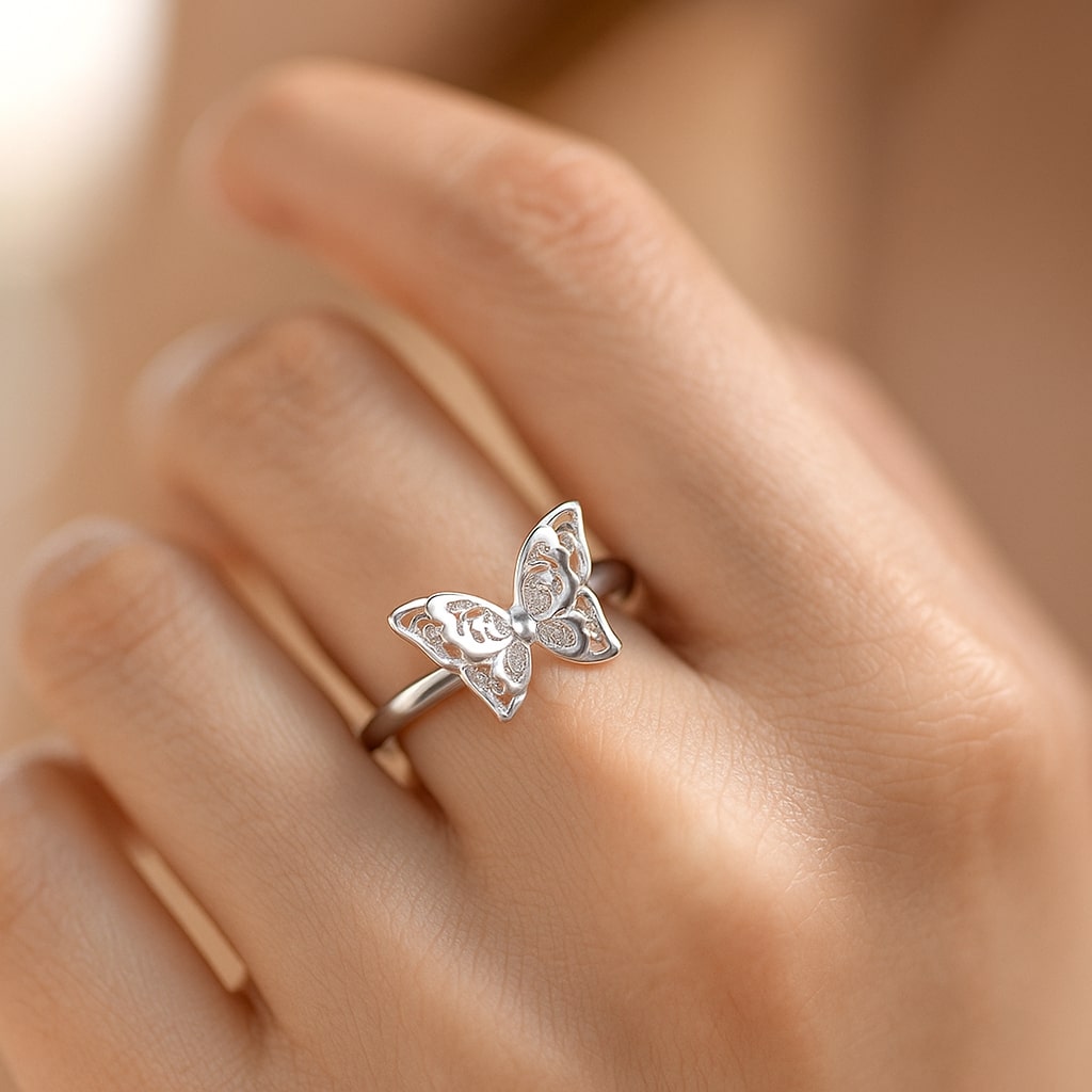 Adjustable Sterling Silver Twin Butterfly Ring for Women