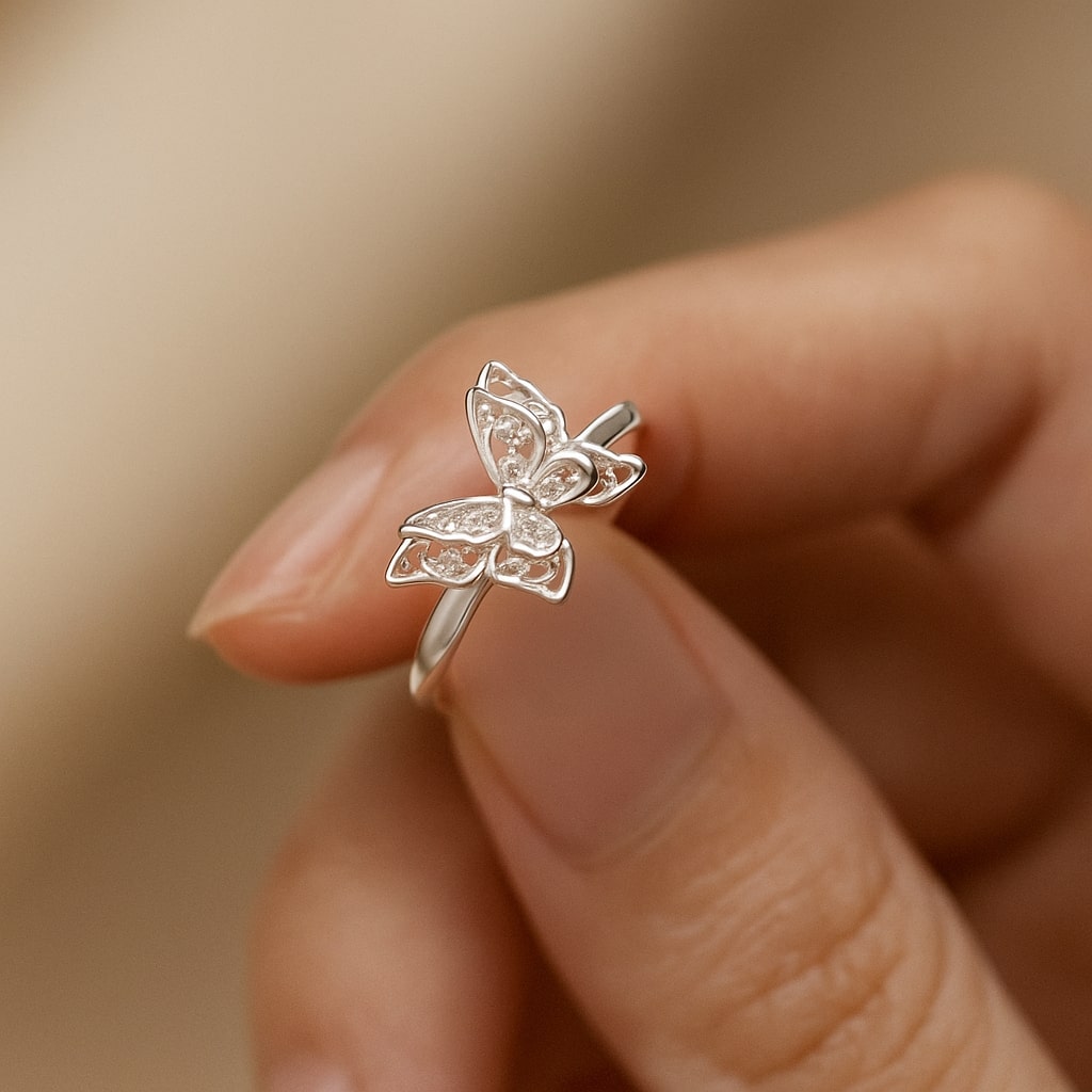 Adjustable Sterling Silver Twin Butterfly Ring for Women