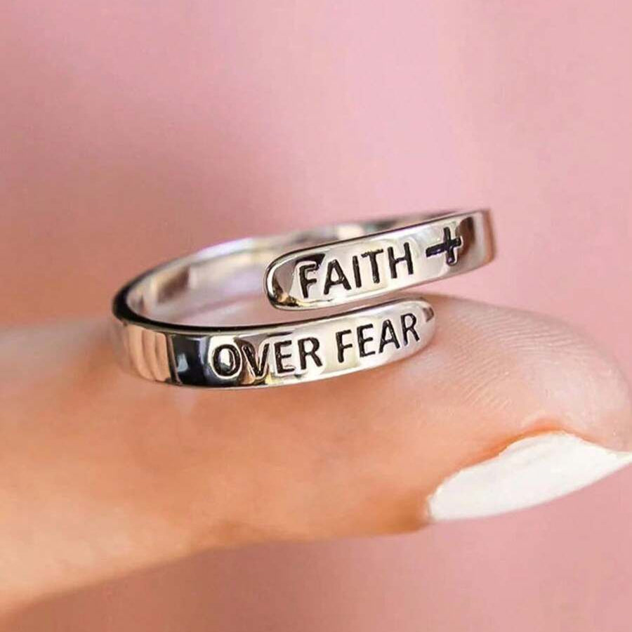 Carved Cross Faith Over Fear Ring