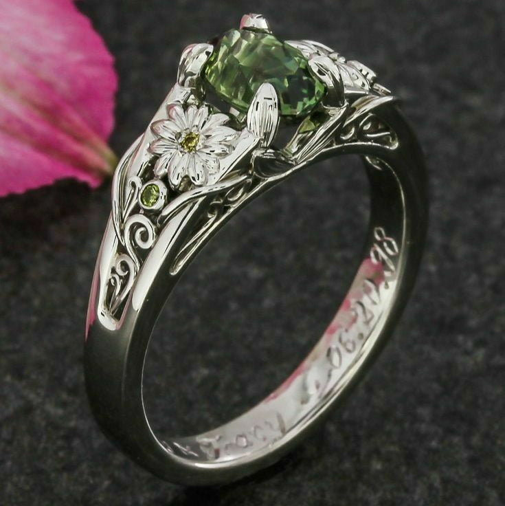 Greenish Floral Silver Ring