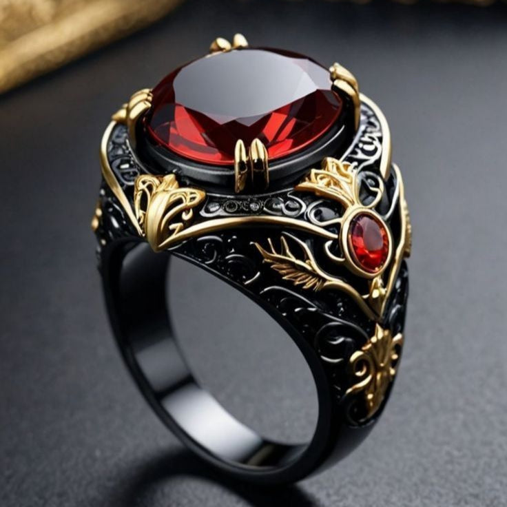 Exotic Round Red Zirconia Dark Silver Ring