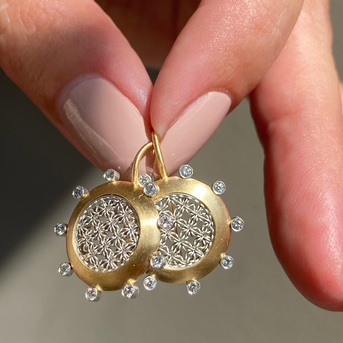 Hollow Zirconia Silver & Gold Round Earrings