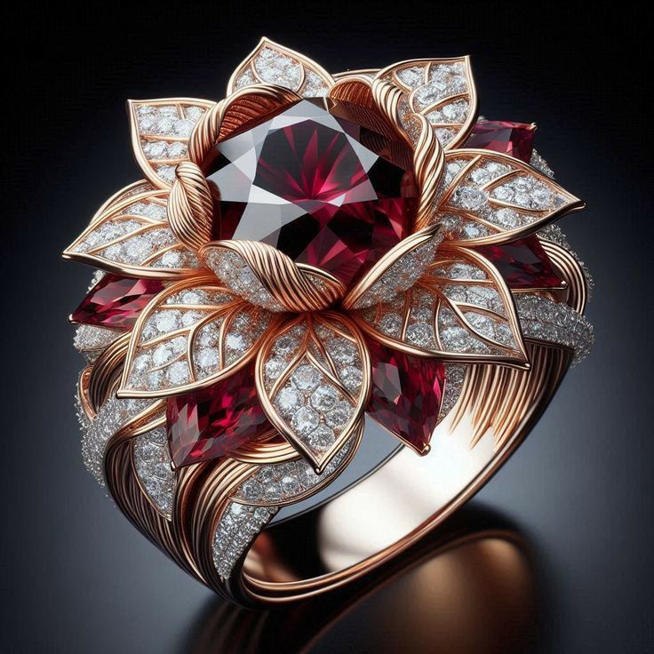 Exotic Red Blossom Gold Ring