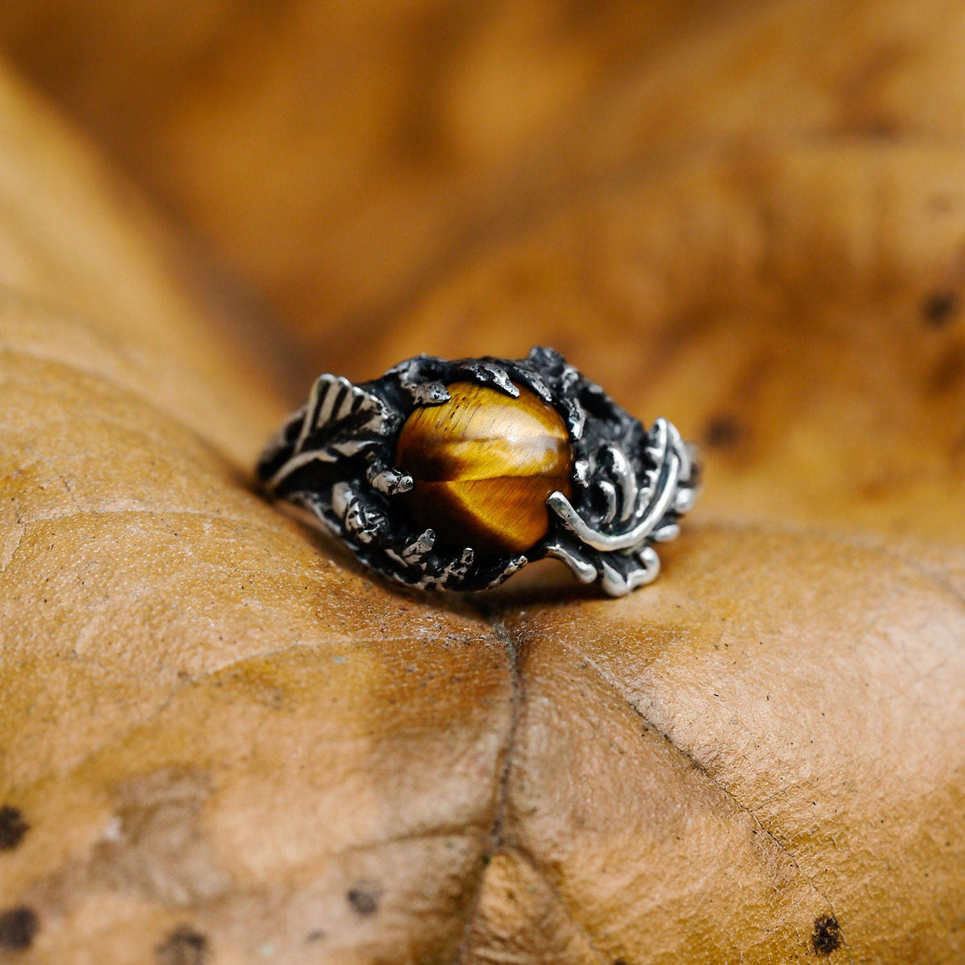 Tiger Eye Gemstone Ring with Intricate Oak Leaf Design