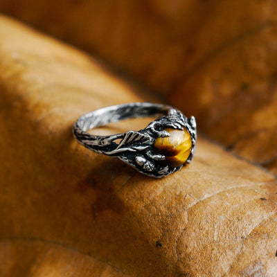 Tiger Eye Gemstone Ring with Intricate Oak Leaf Design