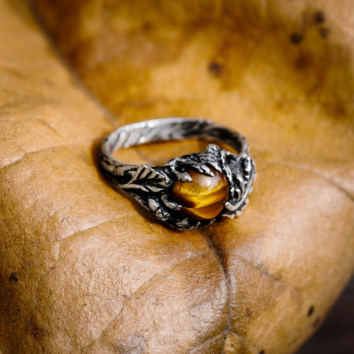 Tiger Eye Gemstone Ring with Intricate Oak Leaf Design