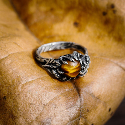 Tiger Eye Gemstone Ring with Intricate Oak Leaf Design