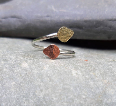 Adjustable Textured Leaf Ring in Silver, Copper, and Brass