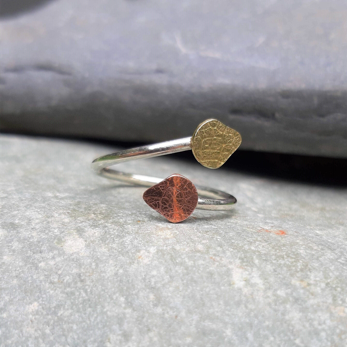Adjustable Textured Leaf Ring in Silver, Copper, and Brass