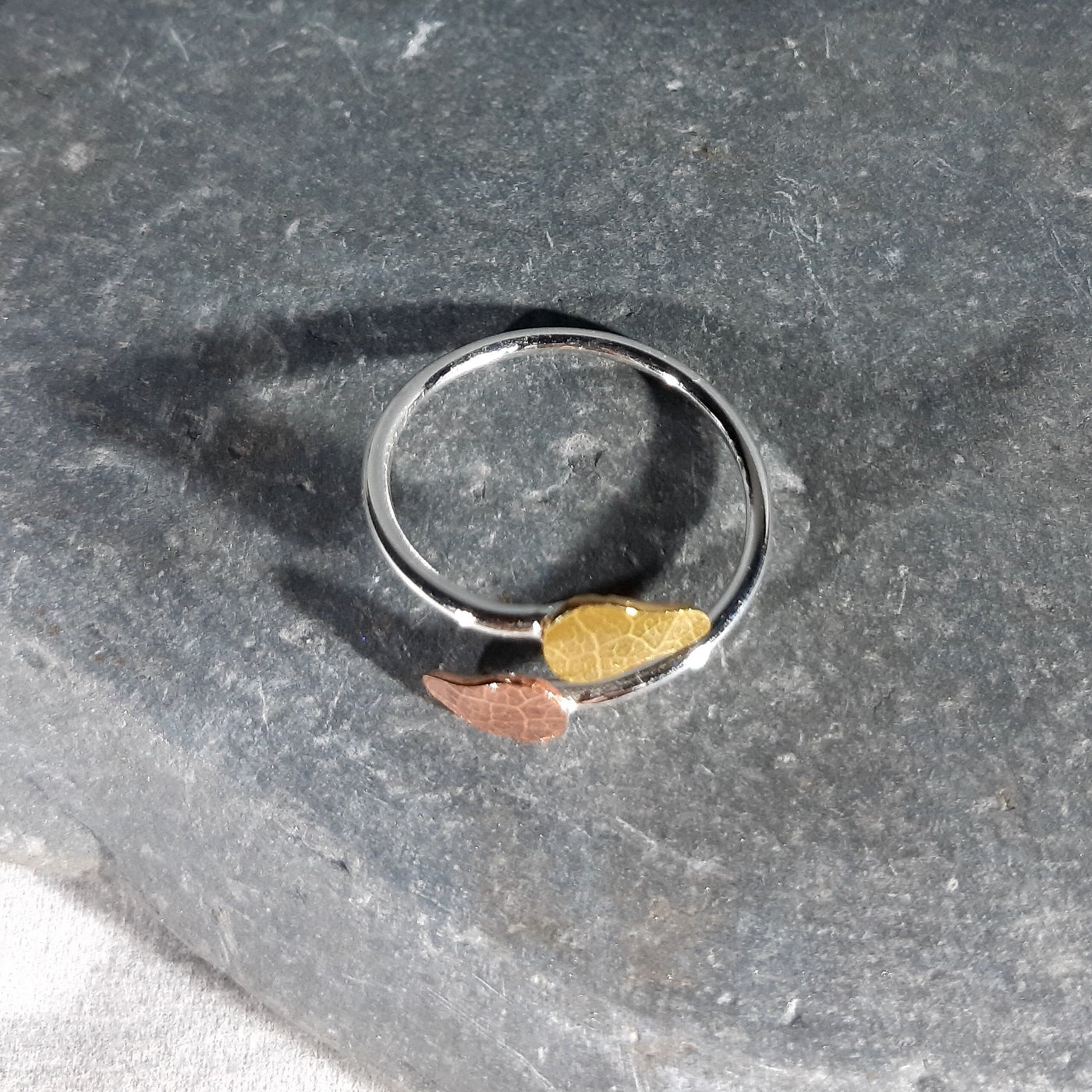 Adjustable Textured Leaf Ring in Silver, Copper, and Brass