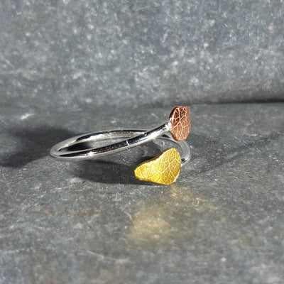 Adjustable Textured Leaf Ring in Silver, Copper, and Brass
