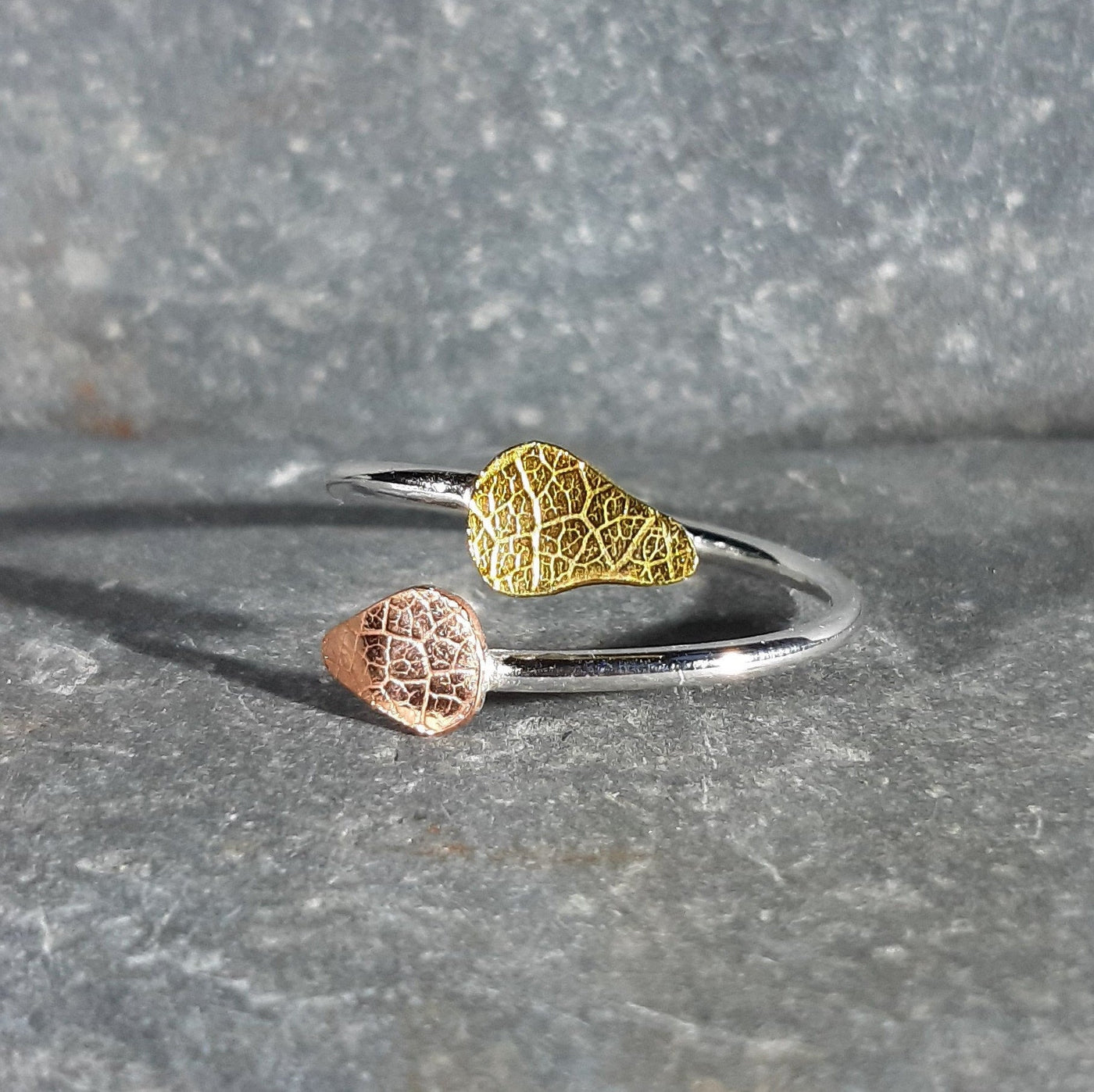 Adjustable Textured Leaf Ring in Silver, Copper, and Brass