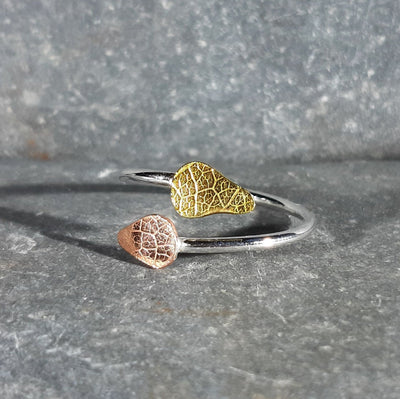 Adjustable Textured Leaf Ring in Silver, Copper, and Brass