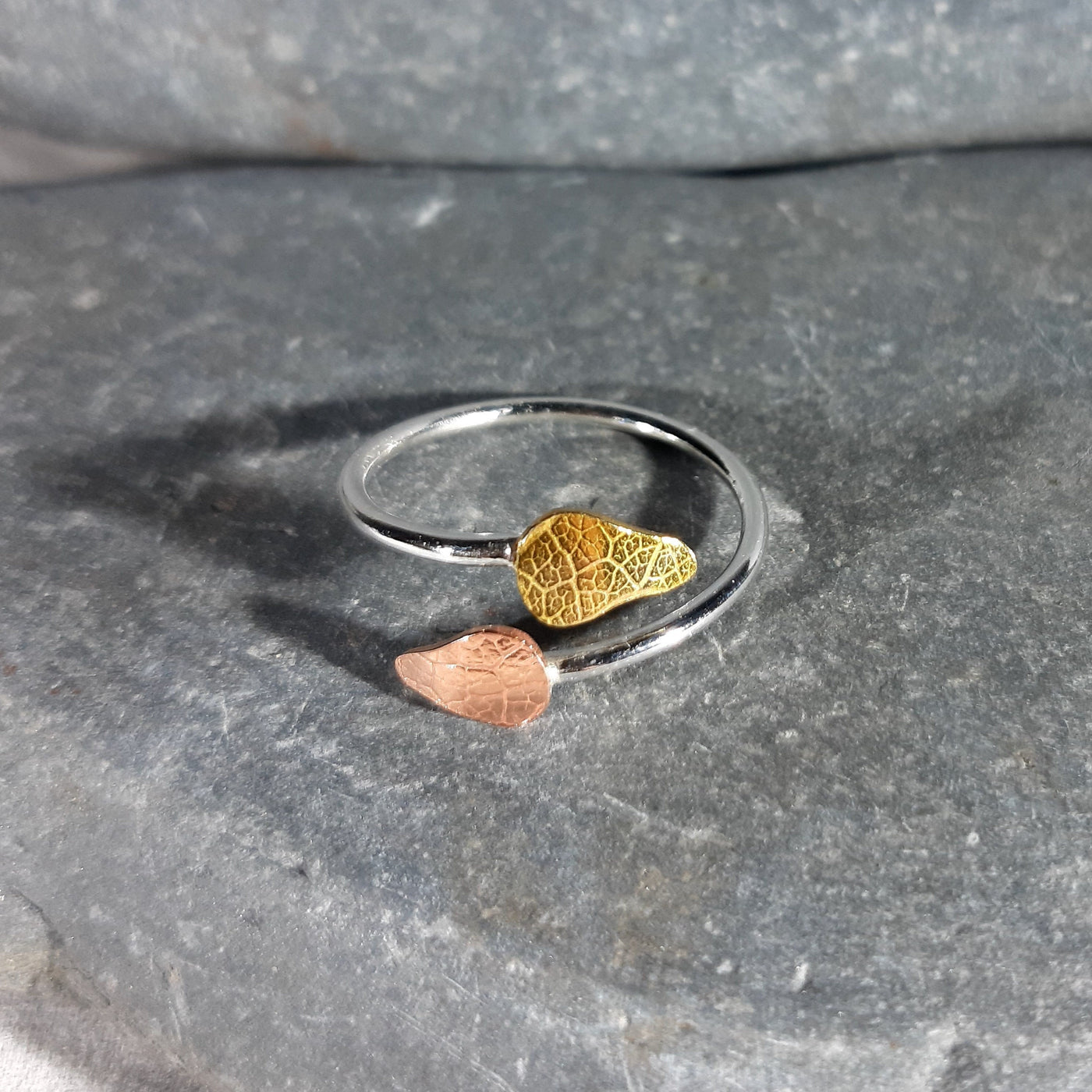 Adjustable Textured Leaf Ring in Silver, Copper, and Brass