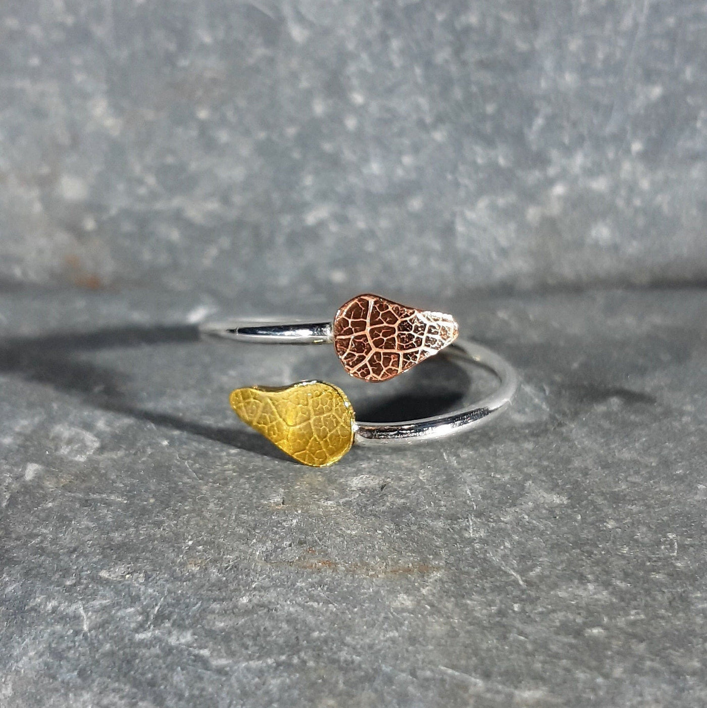 Adjustable Textured Leaf Ring in Silver, Copper, and Brass