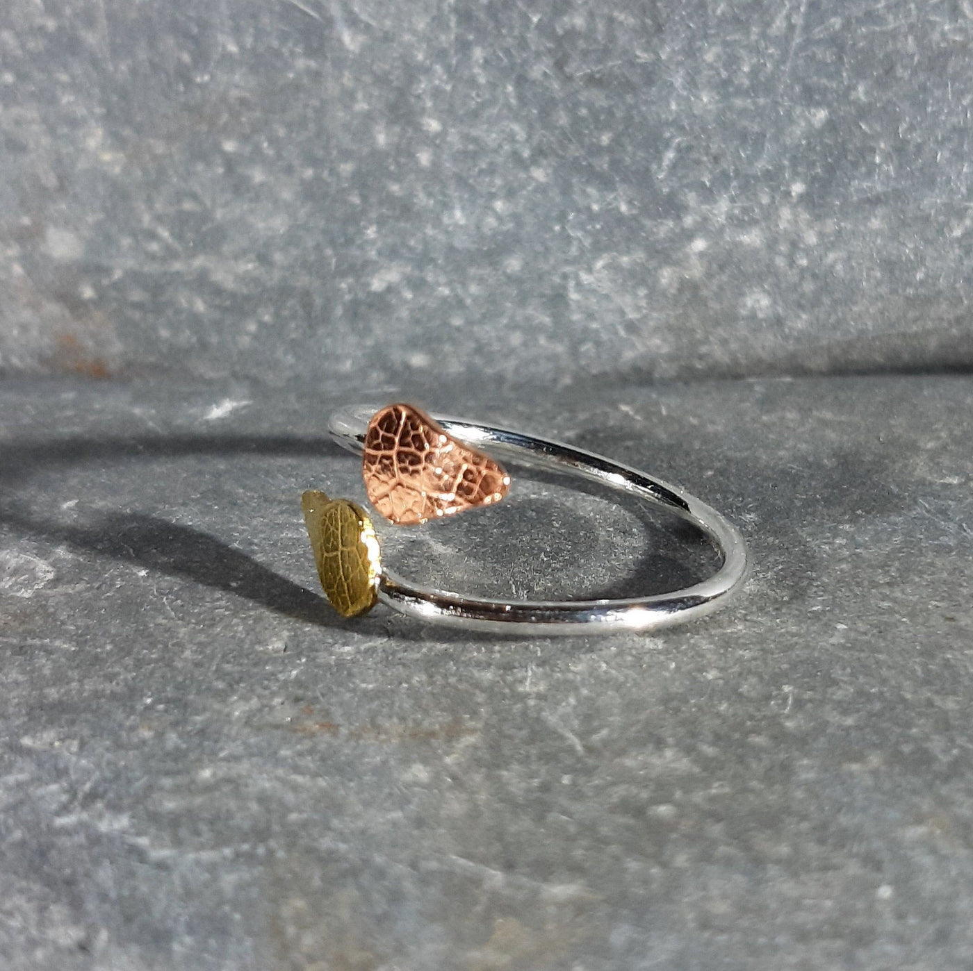 Adjustable Textured Leaf Ring in Silver, Copper, and Brass