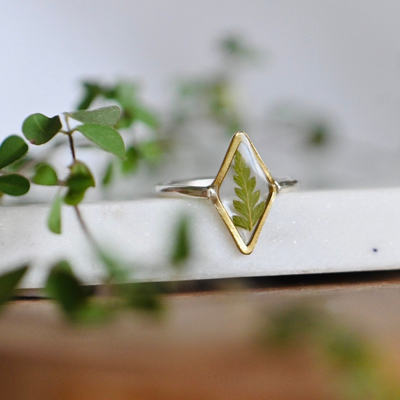 Dried Fern Encased in Resin Botanical Ring, Unique Handmade Jewelry