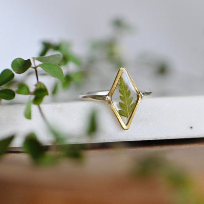Dried Fern Encased in Resin Botanical Ring, Unique Handmade Jewelry