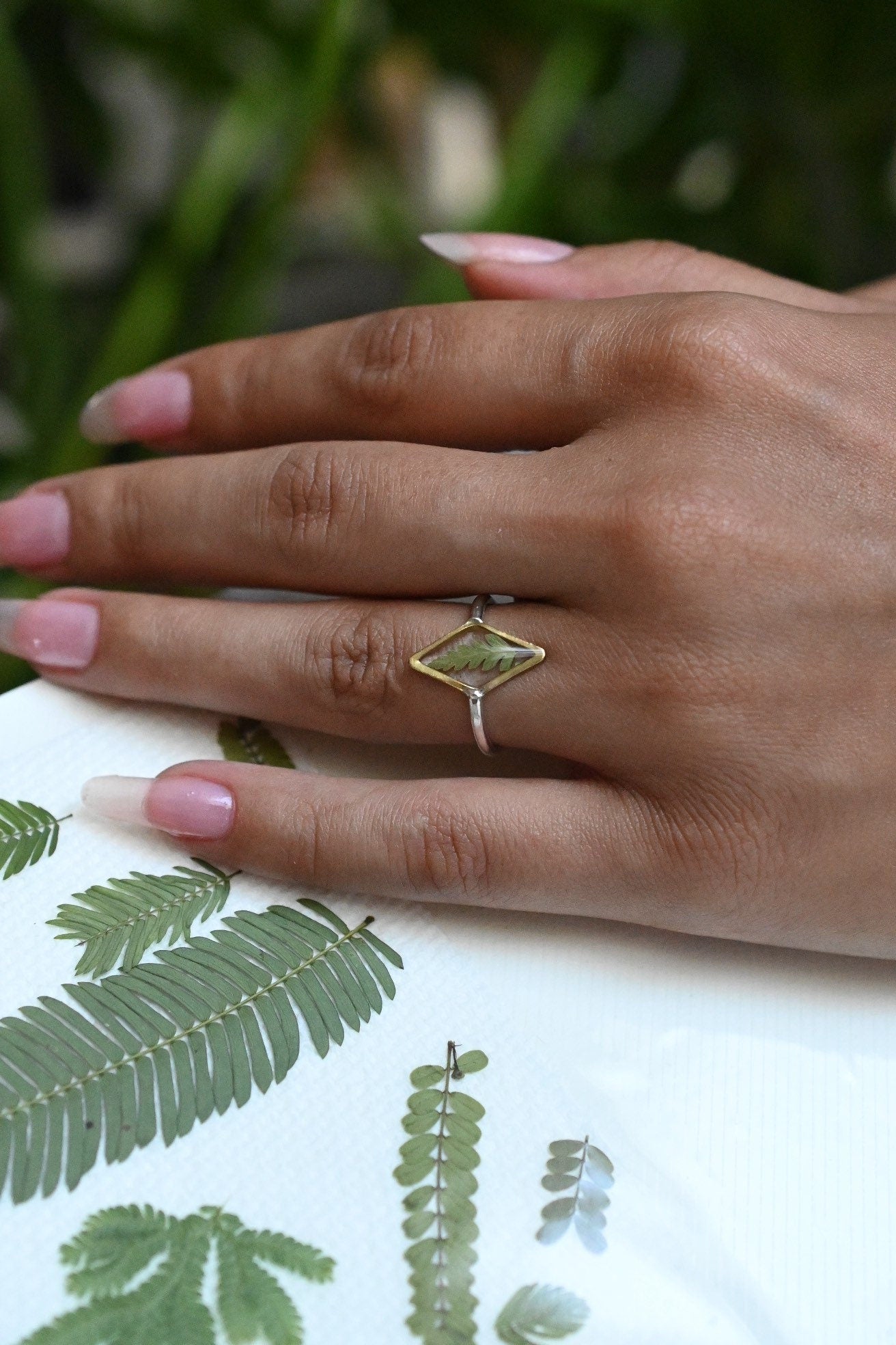 Dried Fern Encased in Resin Botanical Ring, Unique Handmade Jewelry
