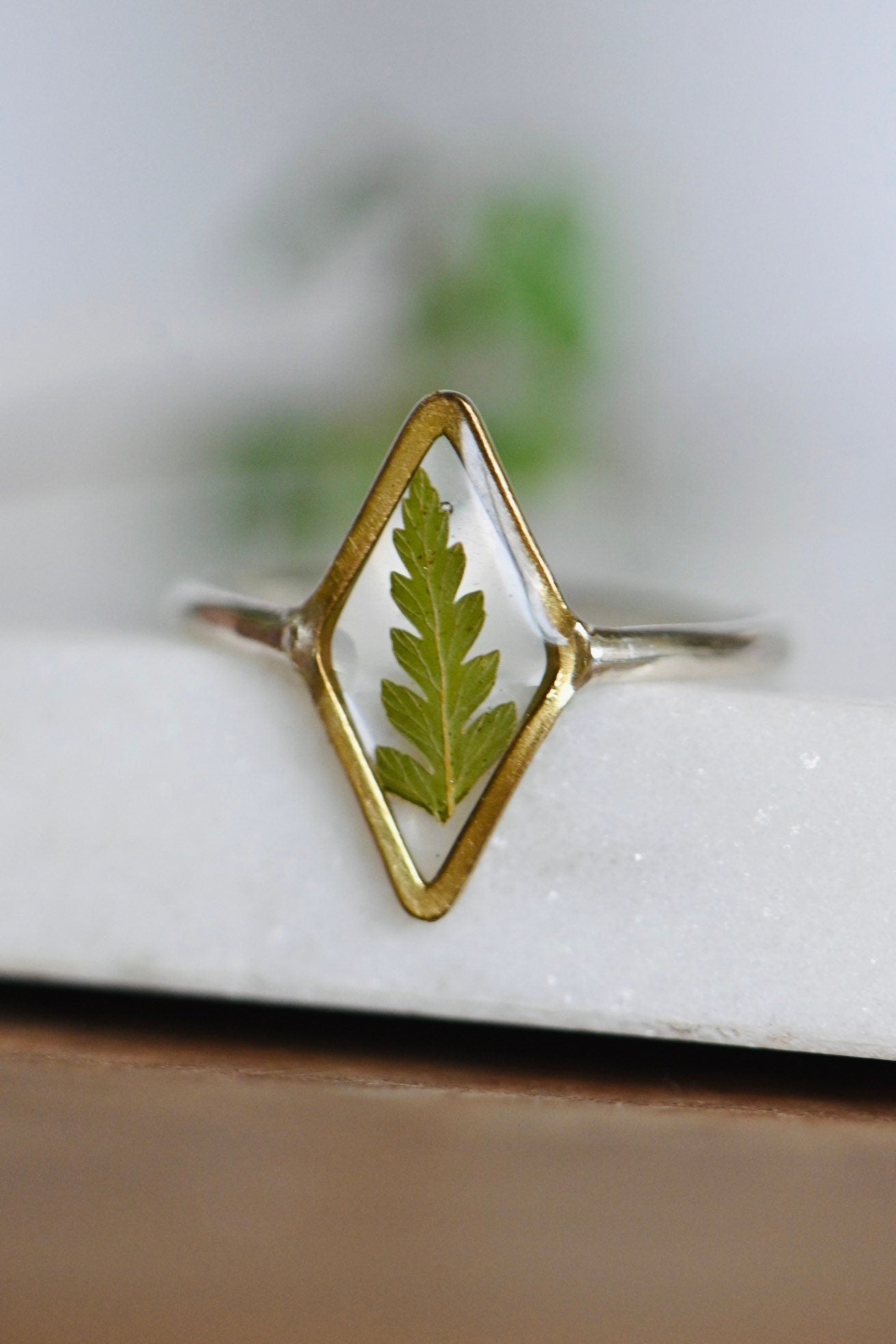 Dried Fern Encased in Resin Botanical Ring, Unique Handmade Jewelry