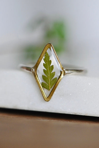 Dried Fern Encased in Resin Botanical Ring, Unique Handmade Jewelry