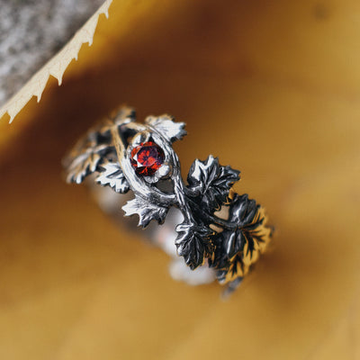 Oxidized Sterling Silver Ring with Red Cubic Zirconia Maple Leaf Design